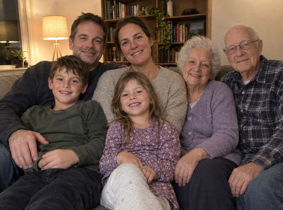 Two grandparents added to the family on the sofa